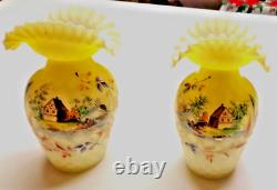 Victorian Diamond Cut Satin Glass Ruffled Edge Vases Hand Painted Scenegorgeous