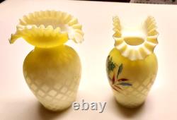 Victorian Diamond Cut Satin Glass Ruffled Edge Vases Hand Painted Scenegorgeous