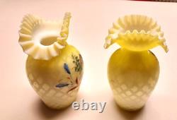 Victorian Diamond Cut Satin Glass Ruffled Edge Vases Hand Painted Scenegorgeous