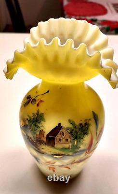 Victorian Diamond Cut Satin Glass Ruffled Edge Vases Hand Painted Scenegorgeous