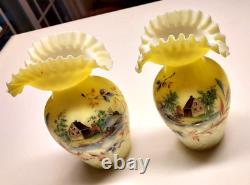 Victorian Diamond Cut Satin Glass Ruffled Edge Vases Hand Painted Scenegorgeous