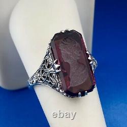 Victorian Edwardian 925 Sterling Silver Purple Art Glass Carved Cameo Ring