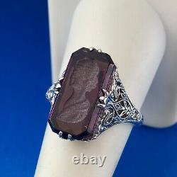 Victorian Edwardian 925 Sterling Silver Purple Art Glass Carved Cameo Ring