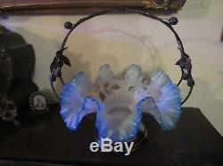 Victorian Enameled Art Glass Brides Basket And Stand