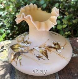 Victorian English Ruffled Glass Vase With Hand Painted Decorations