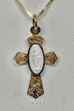 Victorian Engraved RG Applied Art Glass Cameo Christain Cross Pendant Necklace