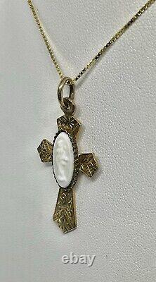 Victorian Engraved RG Applied Art Glass Cameo Christain Cross Pendant Necklace