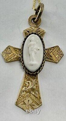 Victorian Engraved RG Applied Art Glass Cameo Christain Cross Pendant Necklace