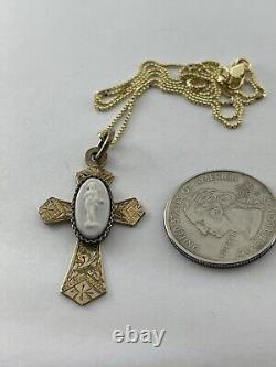 Victorian Engraved RG Applied Art Glass Cameo Christain Cross Pendant Necklace