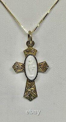 Victorian Engraved RG Applied Art Glass Cameo Christain Cross Pendant Necklace