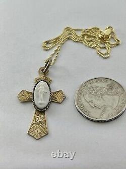 Victorian Engraved RG Applied Art Glass Cameo Christain Cross Pendant Necklace