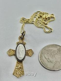 Victorian Engraved RG Applied Art Glass Cameo Christain Cross Pendant Necklace