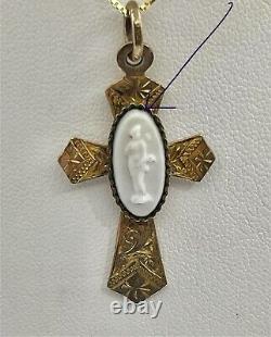 Victorian Engraved RG Applied Art Glass Cameo Christain Cross Pendant Necklace