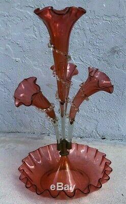 Victorian Epergne Antique Art Glass Cranberry Crimped Rigaree Trial 4 Horn