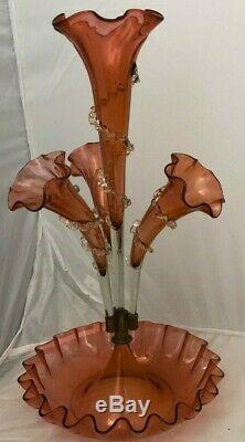 Victorian Epergne Antique Art Glass Cranberry Crimped Rigaree Trial 4 Horn