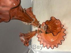 Victorian Epergne Antique Art Glass Cranberry Crimped Rigaree Trial 4 Horn