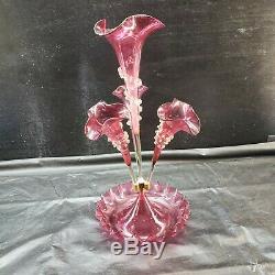 Victorian Epergne Antique Art Glass Cranberry Crimped Rigaree Trial 4 Horn