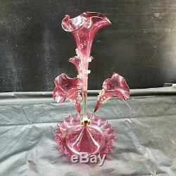 Victorian Epergne Antique Art Glass Cranberry Crimped Rigaree Trial 4 Horn