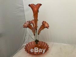 Victorian Epergne Antique Art Glass Cranberry Crimped Rigaree Trial 4 Horn