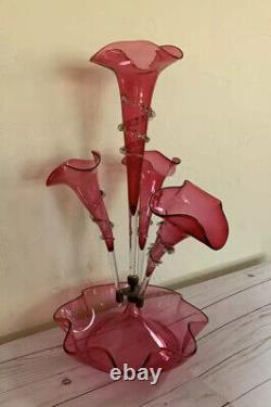 Victorian Epergne Art Cranberry Glass Rigaree 4 Horn 21 Trumpet Vase Antique