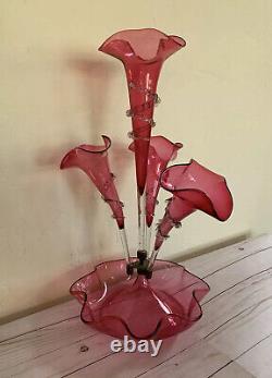 Victorian Epergne Art Cranberry Glass Rigaree 4 Horn 21 Trumpet Vase Antique