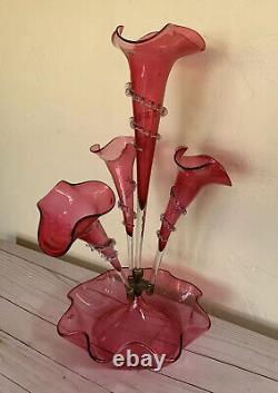 Victorian Epergne Art Cranberry Glass Rigaree 4 Horn 21 Trumpet Vase Antique