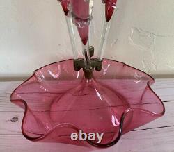 Victorian Epergne Art Cranberry Glass Rigaree 4 Horn 21 Trumpet Vase Antique