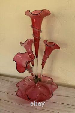 Victorian Epergne Art Cranberry Glass Rigaree 4 Horn 21 Trumpet Vase Antique