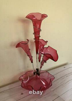 Victorian Epergne Art Cranberry Glass Rigaree 4 Horn 21 Trumpet Vase Antique