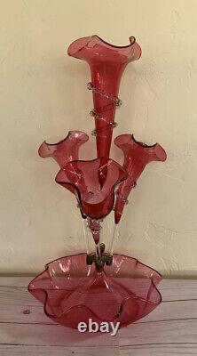 Victorian Epergne Art Cranberry Glass Rigaree 4 Horn 21 Trumpet Vase Antique