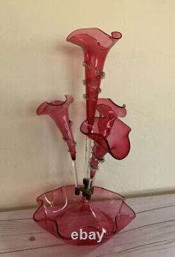 Victorian Epergne Art Cranberry Glass Rigaree 4 Horn 21 Trumpet Vase Antique