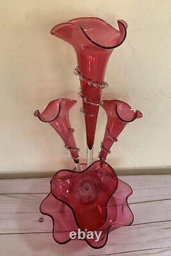 Victorian Epergne Art Cranberry Glass Rigaree 4 Horn 21 Trumpet Vase Antique