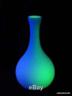 Victorian Era Bohemian Satin Blue to Crystal over Uranium Opal Glass Vase c 1900