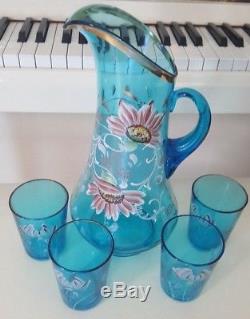 Victorian Era Hand Painted Celeste Blue Pitcher And 4 Matching Tumblers
