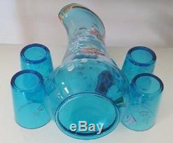 Victorian Era Hand Painted Celeste Blue Pitcher And 4 Matching Tumblers