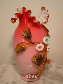 Victorian European Antique Art Glass Ruby Overlay Decorated Vase