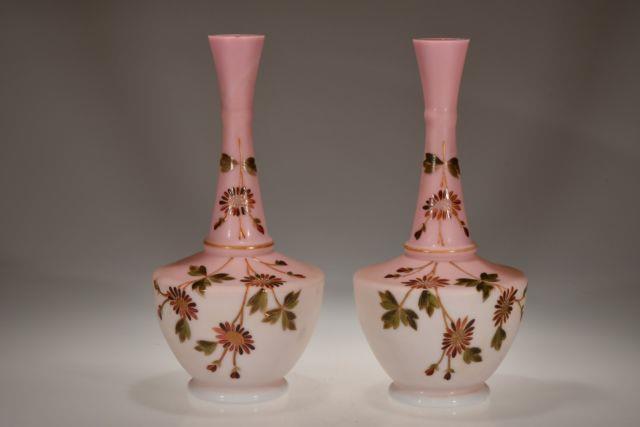 Victorian Floral Decorated Peach Blow Glass Pair Of Vases