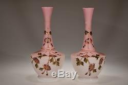 Victorian FLORAL DECORATED PEACH BLOW GLASS Pair of Vases
