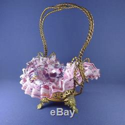 Victorian Floral Basket Antique Art Glass Ormolu Enameled Jewelry Stand