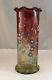 Victorian Flower Bouquet Enamel Decorated Amberina Decorated Tall Art Glass Vase