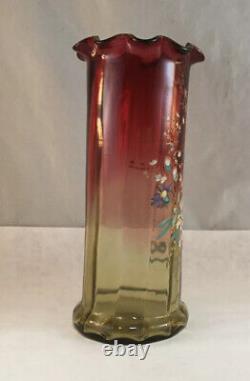 Victorian Flower Bouquet Enamel Decorated Amberina Decorated Tall Art Glass Vase