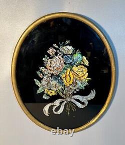 Victorian Foil Art On Reverse Glass c1850 Folk Wall Art Pansies, Poppies & Roses