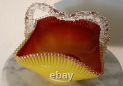 Victorian Franz Welz Art Glass Handled Basket Opaque Yellow Ruby Lined