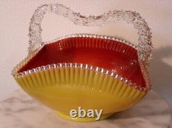 Victorian Franz Welz Art Glass Handled Basket Opaque Yellow Ruby Lined