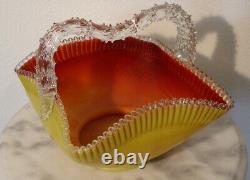 Victorian Franz Welz Art Glass Handled Basket Opaque Yellow Ruby Lined