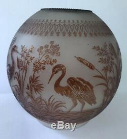 Victorian French Baccarat Acid Etched Crane Birds Satin Glass Oil Lamp Shade