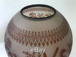 Victorian French Baccarat Acid Etched Crane Birds Satin Glass Oil Lamp Shade