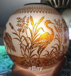 Victorian French Baccarat Acid Etched Crane Birds Satin Glass Oil Lamp Shade