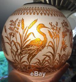 Victorian French Baccarat Acid Etched Crane Birds Satin Glass Oil Lamp Shade