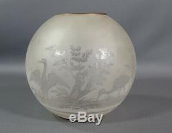 Victorian French Baccarat Acid Etched Crane Birds Satin Glass Oil Lamp Shade&Tag